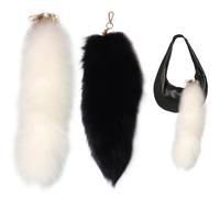 Pastoralist Fox Tailfox Tail 2pcs 16 Pouces de la Queue Duveteuse Keychain Furry Faux Fur Tail avec Fermoir réaliste décoratif Thérian Tournue pour Le Sac à Main Cosplay, Blanc + Noir