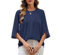 PASUDA Blouse Femme Été Chemisier Chic et Élégant Manches 3/4 col en Rond Mousseline Blouse Mode Couleur Unie Décontracté Coupe Ample Blouse Top