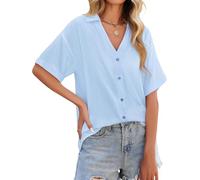 PASUDA Chemise Femme Chic et Élégant Été Lin Chemisier Ample Manche Courte Blouse avec Boutons Col en V Longue Tunique Décontractés Haut Top Lâches T Shirts