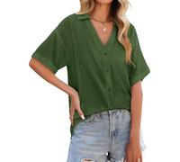 PASUDA Chemise Femme Chic et Élégant Été Lin Chemisier Ample Manche Courte Blouse avec Boutons Col en V Longue Tunique Décontractés Haut Top Lâches T Shirts