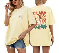 PASUDA Tee Shirt Femme Oversize Coton T Shirts à Manches Courtes Haut Été Col Rond T-Shirts à Imprimé Ample Décontracté Grande Taille Casual Large Chic Tops (Beige, XXL)