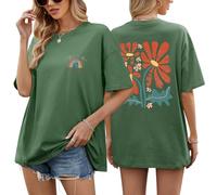 PASUDA Tee Shirt Femme Oversize Coton T Shirts à Manches Courtes Haut Été Col Rond T-Shirts à Imprimé Ample Décontracté Grande Taille Casual Large Chic Tops (Vert, XL)
