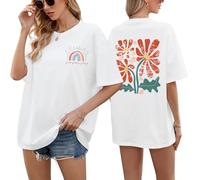 PASUDA Tee Shirt Femme Oversize Coton T Shirts à Manches Courtes Haut Été Col Rond T-Shirts à Imprimé Ample Décontracté Grande Taille Casual Large Chic Tops (Blanc, XXL)