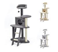 PATAM Arbre à Chat griffoir en sisal Naturel pour Chats avec échelle et Niche en Peluche, Base renforcée et Montage Facile - Hauteur 112 cm Oasis Gris Foncé