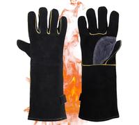PATB-1 paire de gants de barbecue résistants à la chaleur 350 °C ¿ Gants de cuisson et de four ignifuges en cuir de vachette avec longues manchettes (40 cm) ¿ Pour barbecue, gants de soudure, cheminé