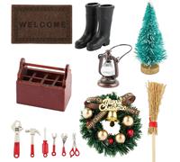 Patb-13pcs Mini Décoration Noël Figure Table Ornement Miniature Sapin Noël Porte Lutin Micro Paysage Statue Lampe À Huile Bottes Caoutchouc Boîte À Outils Balai Etc.