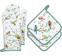 PATB-Gants De Four & Maniques Lot De 4, 100% Coton Maniques Cuisine Gant Four Anti Chaleur Extra-Longue pour Barbecue, Cuisine, Griller,Micro-Ondes(Branche Oiseau)