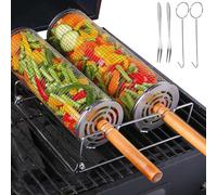 PATB-Grilloir en Acier Inoxydable 2 Pièces, Panier de Grillade Tournant Cylindrique avec Poignée en Bois Amovible - Accessoire BBQ pour Grill Extérieur, Camping - Légumes, Poisson, Viande, Fruits de
