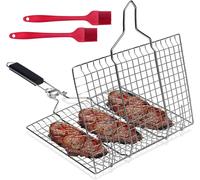 PATB-Panier de Barbecue, 32 x 22 CM Panier à Griller en Acier Inoxydable, Panier de Barbecue Pliable Panier pour Barbecue avec 2 Brosses en Silicone, pour Poisson, Crevettes, Légumes, Steak