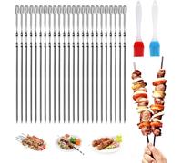 PATB-Pique Brochette Inox 30cm, 24 Pièces Brochettes Inox pour Barbecue, Avec 2 Pinceaux à Huile, BBQ Brochettes à Viande en Acier Réutilisables Brochettes en Métal Plat,pour Barbecue,Viande,Légumes