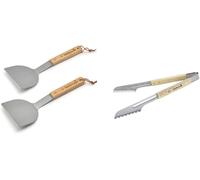 PATB-Set de 2 spatules à plancha, ustensiles plancha pour Barbecue plancha & Pince BBQ, Pince de Luxe, Pince à Barbecue, Accessoire Barbecue, Acier INOX/Bouleau, 40 cm