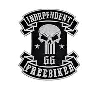 Patch biker « Independent FreeBiker Skull 66 » - Patch brodé 35 × 32 cm grand format - crâne et étoiles blanc/noir pour veste cuir, gilet moto ou sac à dos - coudre ou thermocollant | DIY