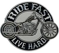 Patch Biker Thermocollant Moto - Ride Fast Live Hard - Écusson Brodé Motard Vintage - Patch Moto pour Gilet, Veste, Blouson - Style Chopper - 12 x 10,5 cm