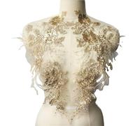 Patch brodé, patch en dentelle, 2 pièces, paillettes dorées, fleurs, pompons, tissu, garnitures brodées, col, maille, à coudre for décoration de robe