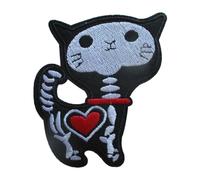 Patch Chat Squelette Coeur Rouge 10x8 Cm Ecusson Thermocollant Rock