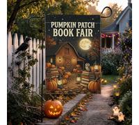 Patch citrouilles drapeau de jardin Halloween thème bibliothèque 30,5 x | Thème littéraire, drapeau de cour, grange rustique, pleine lune, feuillage d'automne, atmosphère chaleureuse