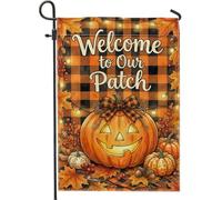 Patch de bienvenue citrouilles avec citation d'automne Drapeau de jardin | Fond à carreaux de buffle, drapeau de pelouse, feuillage d'automne, thème récolte, décoration de cour extérieure