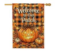 Patch de bienvenue citrouilles avec citation d'automne pour Halloween 71 x | Fond à carreaux de buffle, drapeau de pelouse, feuillage d'automne, thème récolte, décoration de cour extérieure