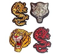 Patch Écusson Dragon Loup Tigre applique patches brodé Écusson thermocollant kit de 4 pieces
