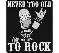 Patch Écusson pour Heavy Metal & Biker Rockabilly Never to Old to Rocker - Thermocollant - En tissu - À repasser - À repasser - À coudre soi-même - Pour jeans - Homer Simpson - 90 x 80 cm