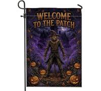 Patch épouvantail effrayant citrouilles drapeau de jardin Halloween 30,5 x | Silhouette de maison hantée, drapeau de pelouse, lanterne lumineuse Jack O, détails en toile d'araignée, typographie rustique