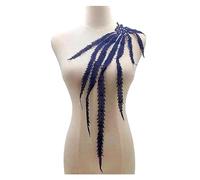 Patch Thermocollant Grande queue de phénix brodée avec des appliques en dentelle, tissu à pampilles, fleur, col, robe mariée, passementerie, décor soirée(Deep Blue)