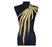 Patch Thermocollant Grande queue de phénix brodée avec des appliques en dentelle, tissu à pampilles, fleur, col, robe mariée, passementerie, décor soirée(Gold)