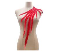 Patch Thermocollant Grande queue de phénix brodée avec des appliques en dentelle, tissu à pampilles, fleur, col, robe mariée, passementerie, décor soirée(Red)