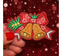 Patch Thermocollant Noël Cloches Dorées & Nœud Rouge | Écusson Brodé à Repasser (7,5 x 4,8 cm) | Customisation Vêtements Fêtes DIY