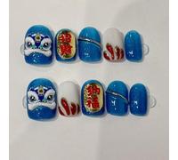 Patchs à ongles amovibles et détachables faits à la main de style Nouvel An chinois Autocollants for nail art(Blue,L)