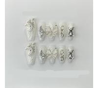 Patchs à ongles amovibles style rétro, fabriqués à la main avec motif papillon (longs blancs, taille XS)
