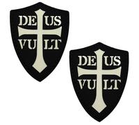 Patchs réfléchissants en forme de bouclier tactique Deus Vult Cross Patchs noirs et phosphorescents - 7,5 x 6 cm - Style militaire - Avec crochet au dos (noir et blanc)