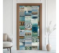 Patchwork Aztèque Effet 3D Sticker Porte, Ethnique Exotique Papier Autocollant Porte Mural Décoration, Motif Traditionnel Stickers Muraux Amovible PVC 77x200 cm