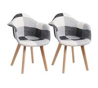 Patchwork Dining Chair Set of 2 Linen Upholstered Armchairs for Dining Room Living Room Café - Stylish Black Accent Furniture