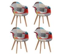 Patchwork Dining Chair Set of 4 Linen Upholstered Armchairs Perfect for Dining Room Living Room Café Modern Red Accent Furniture