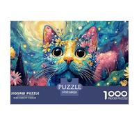 Patchwork Feline with Big Eyes 1000 Pièces Carton Premium Coffret De Puzzles Colorful Floral Cat Stimulant Et Éducatif Jeu Familial Puzzles As Birthday Gifts 38x26cm/1000pcs
