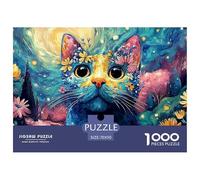 Patchwork Feline with Big Eyes 1000 Pièces Carton Premium Lot de Puzzles Colorful Floral Cat Anti-Stress Défi Unique Puzzles pour Adultes Et Enfants 70x50cm/1000pcs