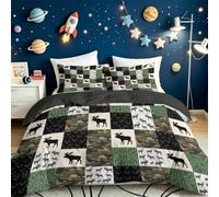 Patchwork Housse de Couette 140 x 200 cm, Microfibre Élans À Carreaux Camouflage Imprimé avec Fermeture Éclair - pour Adulte Garçons Filles Adolescents avec 2 Taies d'oreiller 65 x 65 cm, Vert