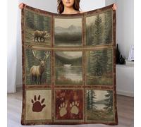 Patchwork Vintage sur Le Thème De La Chasse en Forêt, avec des Arbres, des Cerfs Et des Ours. Couverture Douce Couvertures Lit Peluche Plaid Polaire Flanelle pour Domicile Chambre l'hiver L