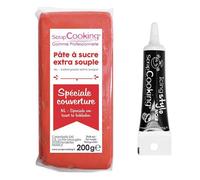 Pâte à sucre de couverture rouge 200 g + Stylo de glaçage noir Scrapcooking