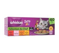 Pâtée pour Chat Adulte en Sauce Boeuf Volaille Saumon Poulet Dinde Cabillaud Tasty Mix Sélection Chef WHISKAS - la boîte de 40 sachets fraîcheur