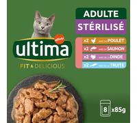 Pâtée pour Chat Adulte Stérilisé en Sauce Poulet Saumon Dinde Truite Fit & Delicious Ultima - Les 8 sachets de 85g Lot De 3 - par Lot