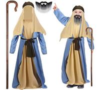 Patelai Costume de berger 6 pièces pour enfants avec doublure de peignoir, écharpe, écharpe, canne, barbe pour Halloween, cosplay (taille M)