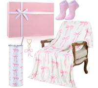 Patelai Lot de 5 nœuds roses coquette pour femme avec nœud, couverture esthétique, tasse thermos avec couvercle et chaussettes de paille, porte-clés, boîte cadeau, accessoires pour filles, femmes