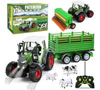 PATEMZON Tracteur Telecommandé Enfant 3 4 5 Ans, Tracteur Telecommande Jouet avec Charrue, Remorque, Bottes de Foin, Lumière, Ensemble Animaux Jouets, Jouet Tracteurs Cadeau de Noël pour Enfants