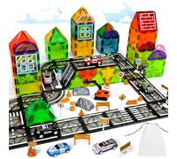 PATEMZON Tuiles magnétiques, Jeux Blocs Magnetic Tiles, Ville Jeu Aimant Jouets avec 3 Voitures de Police, 86 PCS Bloc de Construction Magnétique Éducatifs, Cadeaux pour Enfants à Partir de 3+ Ans