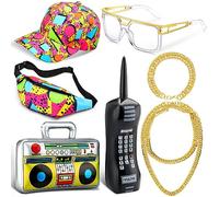 Paterr 7 Pcs 80s 90s Hip Hop Costume Kit 80s 90s Fanny Pack 90s Outfit Hat Glass Faux Gold Rope Chain Inflatable Radio Boombox Inflatable Mobile Phone for Women Men Rapper DJ Costume Halloween Cosplay