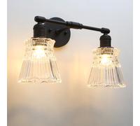 Pathson 2-lumières Vintage Industriel Applique Murale E27 Luminaires Intérieur Abat-jour en Verre à Rayures Pétales Lampe Murale pour Salon,Chambre, Salle à Manger, Miroir (Noir)