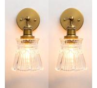 Pathson Set de 2 Vintage Industriel Applique Murale E27 Luminaires Intérieur Abat-jour en Verre à Rayures Pétales Lampe Murale pour Salon,Chambre, Salle à Manger, Miroir (Laiton Antique 2PCS)