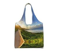 Pathway Sunset near Bright Green Print Sac fourre-tout en toile réutilisable pour femme Grand sac de gym en toile Sac à main portable